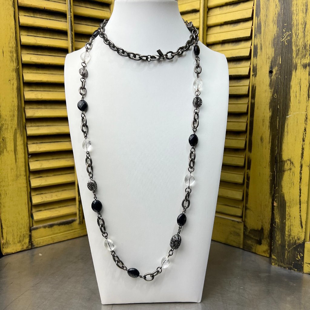 1928 Brand Long Black Silvertone Beaded Layering Necklace 14$